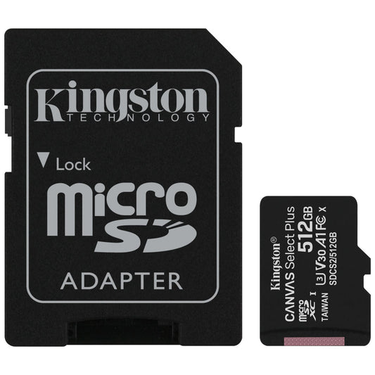 Kingston Canvas Select Plus microSDXC-muistikortti Kingston Canvas Select Plus, 512Gb, luokka 10 / UHS-1 U3, SDCS2/512GB-sovittimella varustettuna.