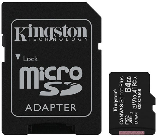 Kingston Canvas Canvas Select Plus Android A1, 64Gb, Class 10 / UHS-1 U1, microSDXC-muistikortti Kingston Canvas Select Plus Android A1, 64Gb, Class 10 / UHS-1 U1, SDCS2/64GB-sovittimen kanssa