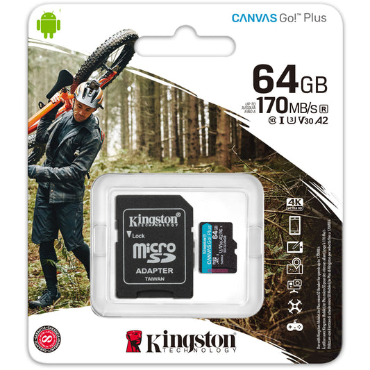 Kingston Canvas Go Plus microSDXC-muistikortti Kingston Canvas Go Plus, 64Gb, Class 10 / UHS-1 U3, SDCG3/64GB-sovittimella varustettuna