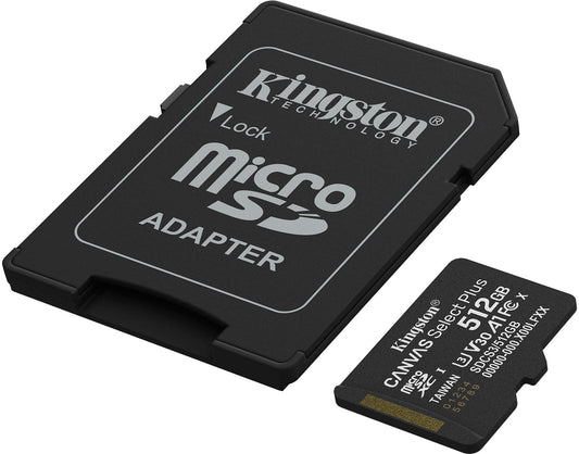 Kingston Canvas Select Plus Android A1 microSDXC-muistikortti, 512 Gt, Luokka 10 / UHS-1 U3, sovittimella SDCS3/512GB