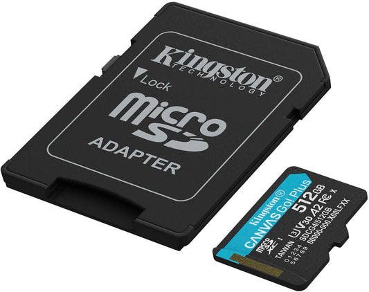 Kingston Canvas Go Plus Android A2 microSDXC-muistikortti, 512 Gt, Luokka 10 / UHS-1 U3, sovittimella SDCG4/512GB
