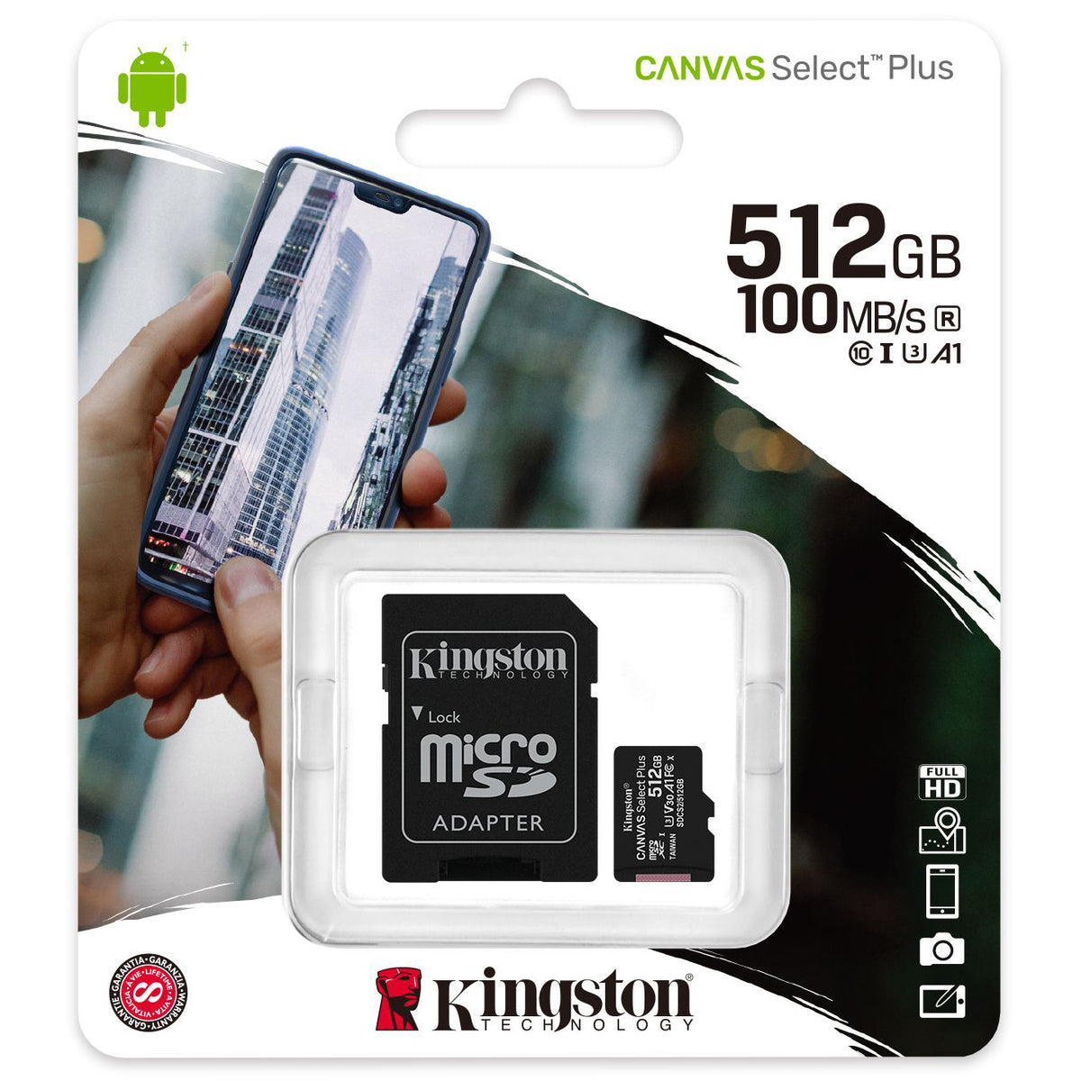 Kingston Canvas Select Plus Android A1 microSDXC -muistikortti, 512 Gt, Luokka 10 / UHS-1 U3, SD-sovitin mukana SDCS2/512GB