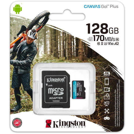 Muistikortti microSDXC Kingston Canvas Go Plus, 128Gb, Class 10 / UHS-1 U3, sovittimella SDCG3/128GB