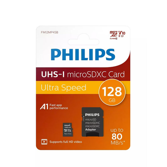 Philips microSDXC-muistikortti, 128 Gt, Luokka 10 / UHS-1 U1, Sovittimella FM12MP45B/10
