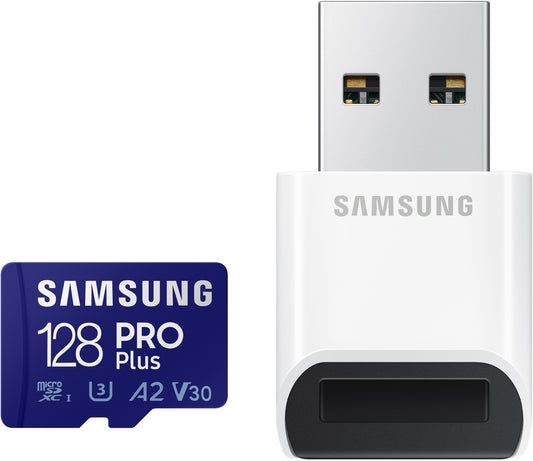 Samsung PRO Plus microSDXC-muistikortti, 128 Gt, Luokka 10 / UHS-1 U3, kortinlukijalla ja sovittimella MB-MD128KB/WW