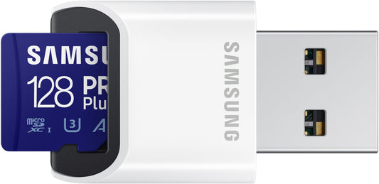 Samsung PRO Plus microSDXC-muistikortti, 128 Gt, Luokka 10 / UHS-1 U3, kortinlukijalla ja sovittimella MB-MD128KB/WW