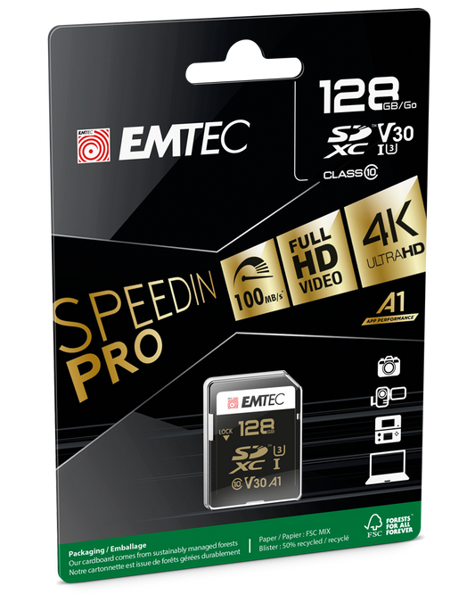 Emtec SpeedIn Pro SDXC Memory Card, 128Gb, Class 10 / UHS-1 U3 ECMSD128GXC10SP