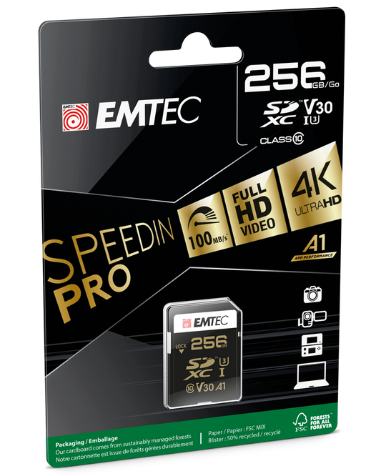 Emtec SpeedIn Pro SDXC Memory Card, 256Gb, Class 10 / UHS-1 U3 ECMSD256GXC10SP