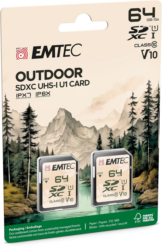Emtec Rugged Outdoor SDXC -muistikortti, 64 Gt, Luokka 10 / UHS-1 U1, 2 kappaleen setti ECMSD64GXCU1ORP2