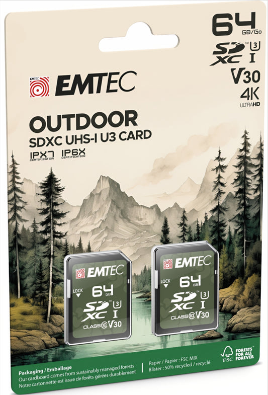 SDXC-muistikortti Emtec Rugged Outdoor, 64Gb, Luokka 10 / UHS-1 U3, 2 kappaleen setti ECMSD64GXCU3ORP