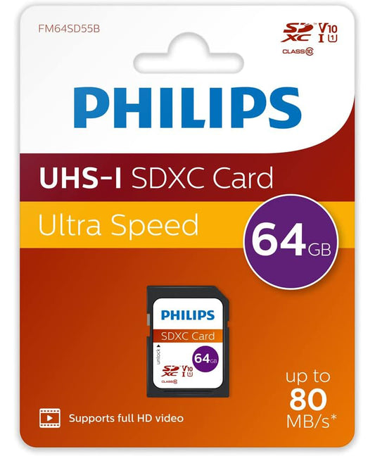 Philips SDXC -muistikortti, 64 Gt, Luokka 10 / UHS-1 U1 FM64SD55B/00