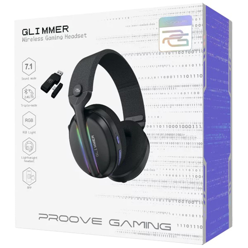 Proove Glimmer langattomat pelikuulokkeet, RGB, BT / Wi-Fi / Wired, musta violetti WHGL00022016