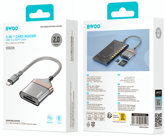 USB-C-kortinlukija BWOO BZ64, SD - microSD, Harmaa