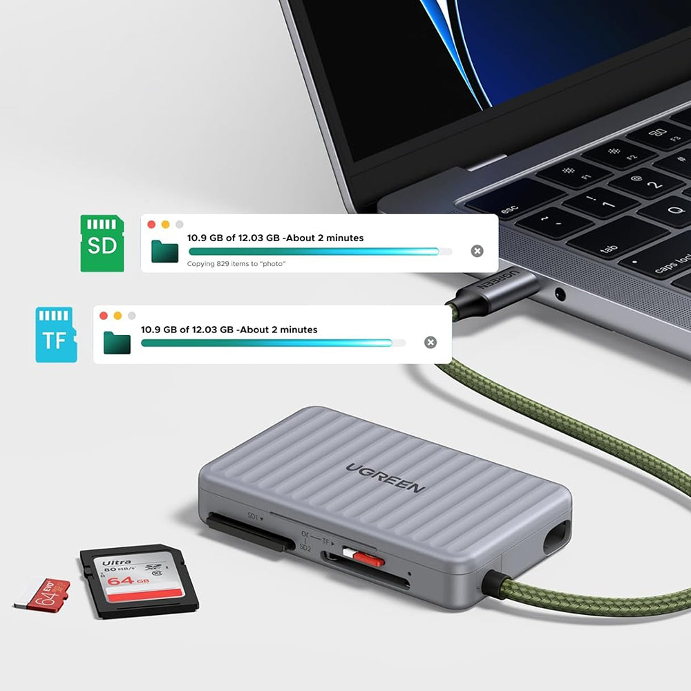 UGREEN 55886 USB-C -kortinlukija, jossa on järjestäjä, 2 x SD - microSD, Harmaa