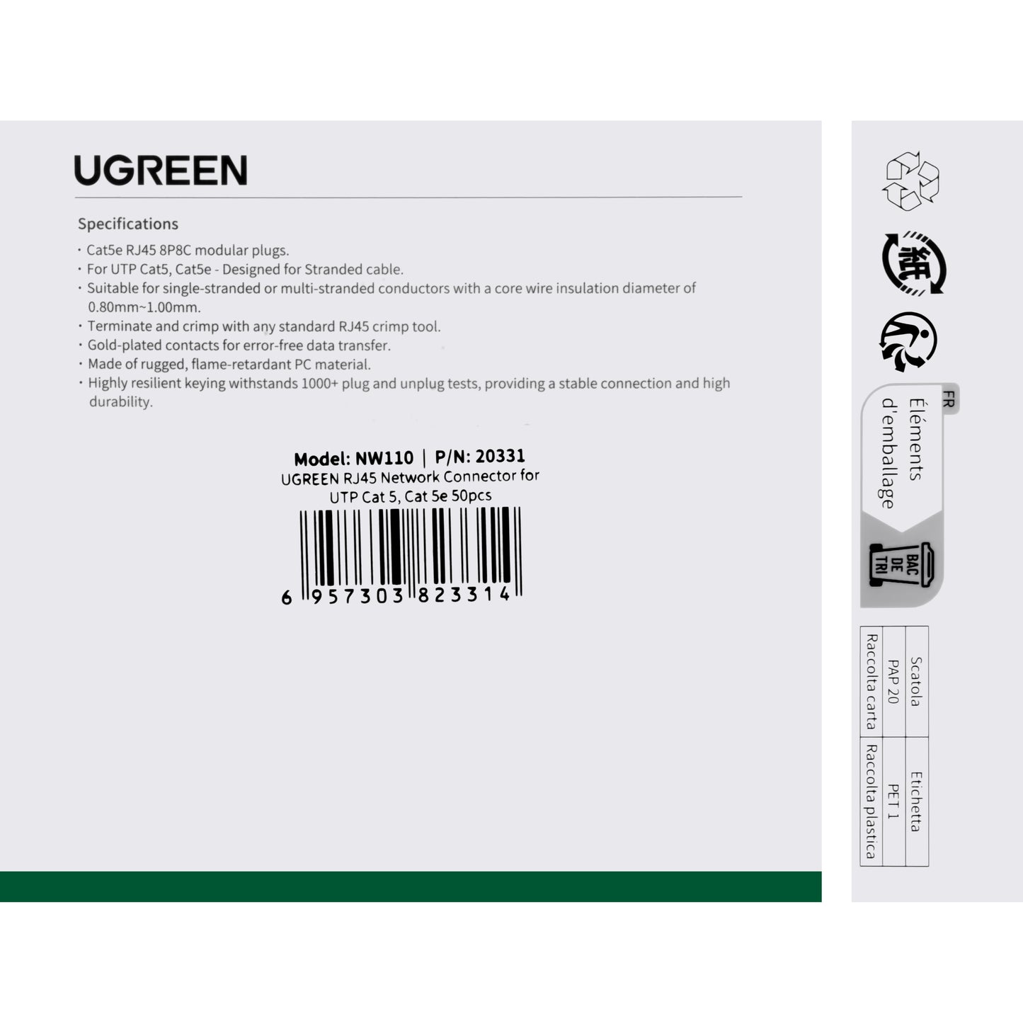 Verkkoliitin UGREEN NW110, RJ45, Cat5, sarja 50 kpl