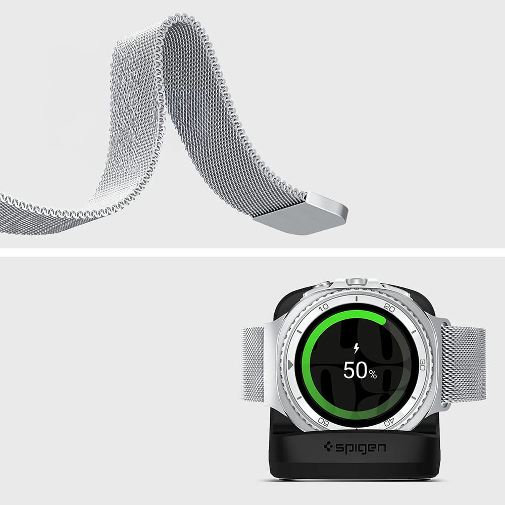 Spigen Metal Fit -ranneke Samsung Galaxy Watch9 / Watch8 / Watch8 Classic -sarjalle, hopea AMP10121