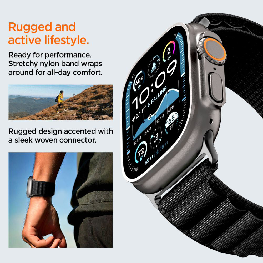 Spigen WBF1 -ranneke Apple Watch 49mm / 46mm / 45mm / 44mm -sarjoille, Musta AMP10144