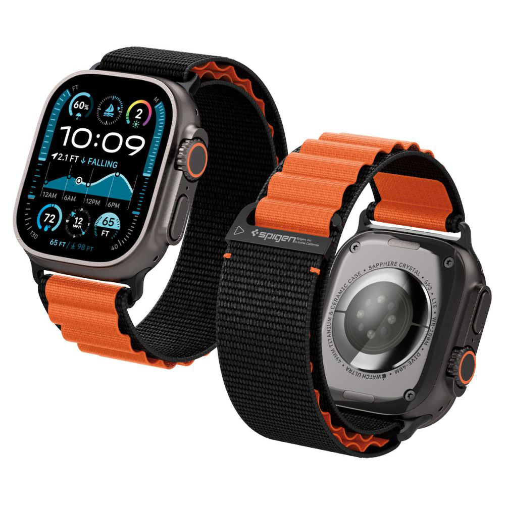 Spigen WBF1 -ranneke Apple Watch 49mm / 46mm / 45mm / 44mm -sarjalle, Musta Oranssi AMP10145