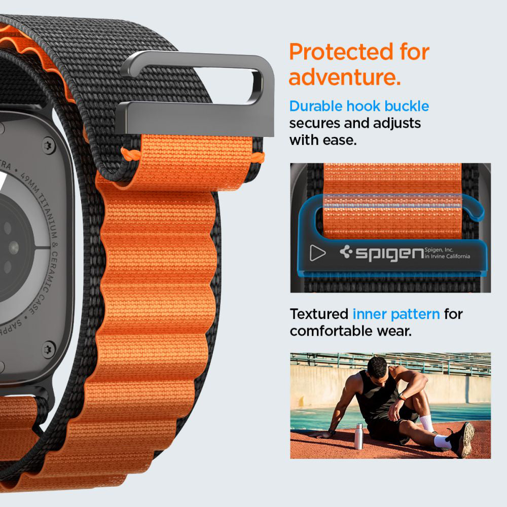 Spigen WBF1 -ranneke Apple Watch 49mm / 46mm / 45mm / 44mm -sarjalle, Musta Oranssi AMP10145