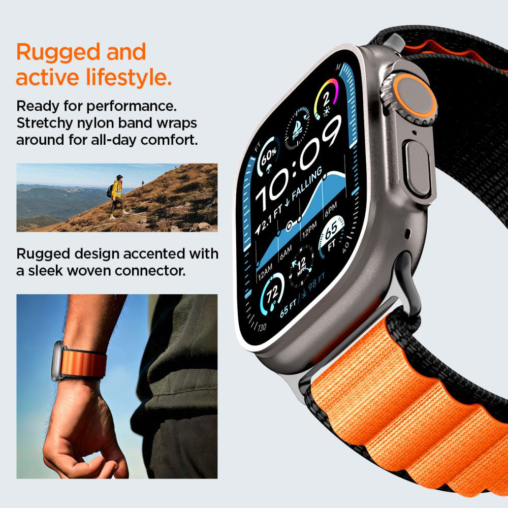 Spigen WBF1 -ranneke Apple Watch 49mm / 46mm / 45mm / 44mm -sarjalle, Musta Oranssi AMP10145