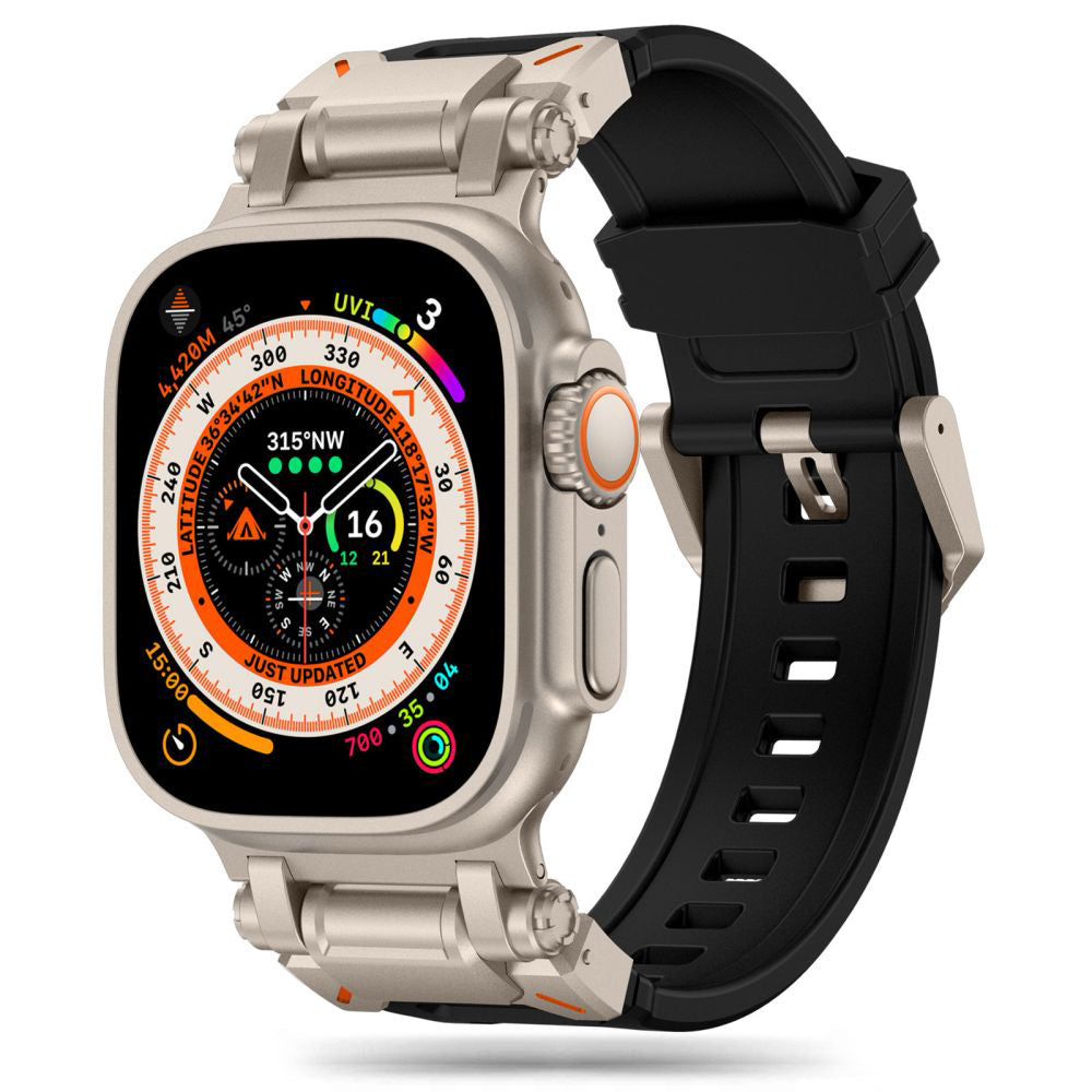 Techsuit W064 -ranneke Apple Watch 49mm / 46mm / 45mm / 44mm / 42mm -sarjoille, Musta Hopea