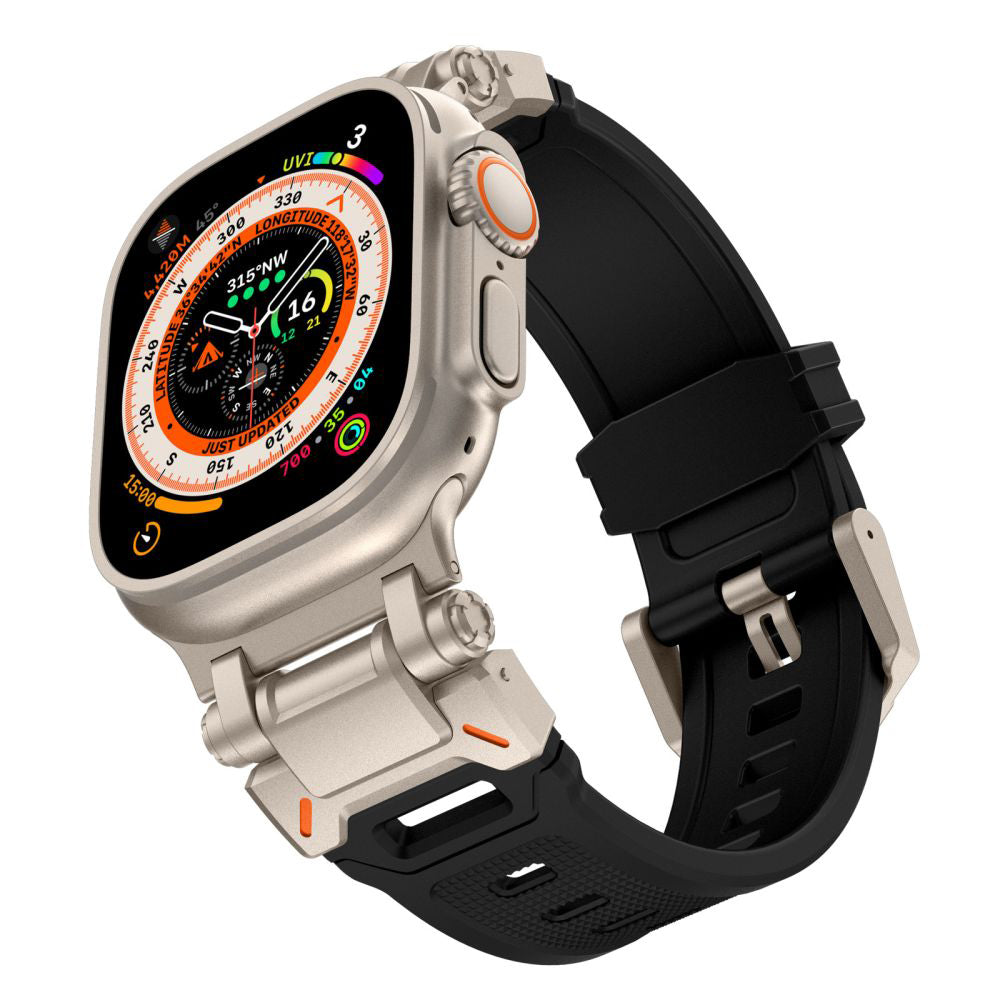 Techsuit W064 -ranneke Apple Watch 49mm / 46mm / 45mm / 44mm / 42mm -sarjoille, Musta Hopea