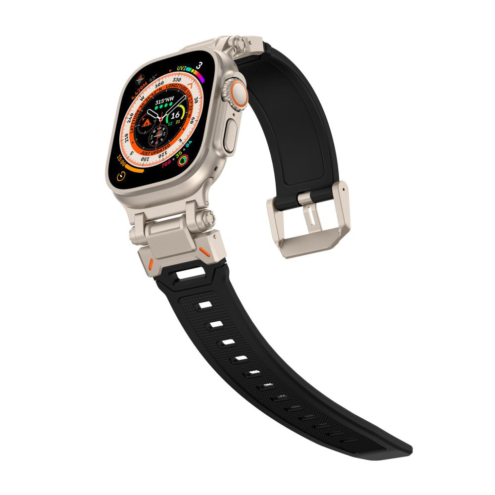 Techsuit W064 -ranneke Apple Watch 49mm / 46mm / 45mm / 44mm / 42mm -sarjoille, Musta Hopea