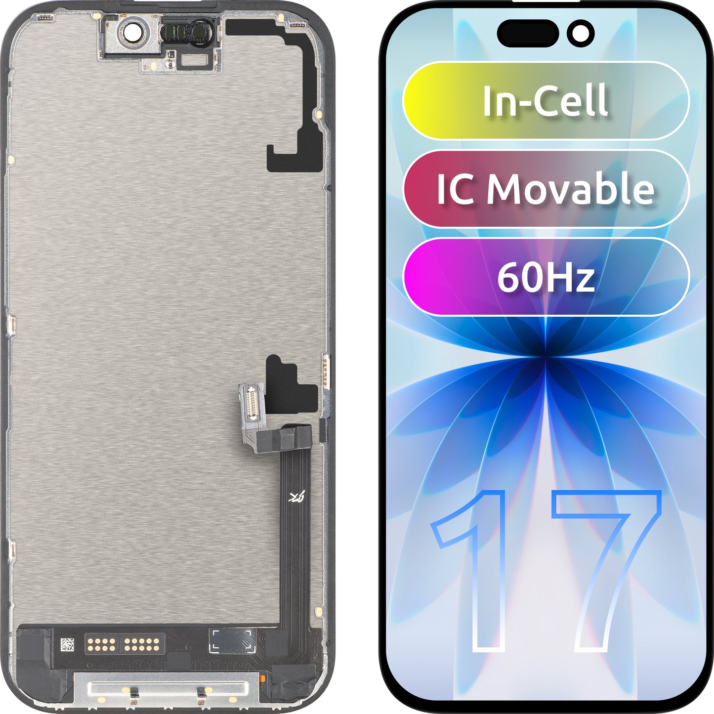 JK kosketusnäyttö Apple iPhone 17:lle, kehyksellä, LCD In-Cell IC siirrettävä versio, musta