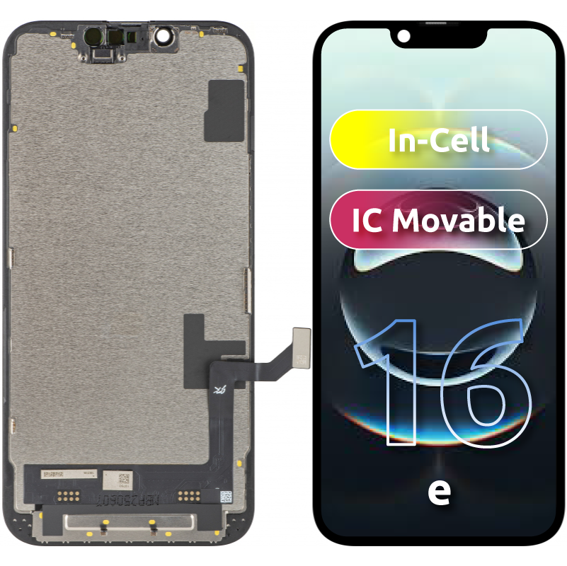 JK-kosketusnäyttö Apple iPhone 17e / 16e:lle, kehyksellä, LCD In-Cell IC siirrettävä versio, musta