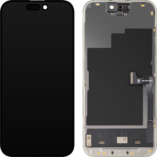 Näyttö MP-kosketusnäytöllä yhteensopiva Apple iPhone 15 Pro:n kanssa, kehyksellä, Soft OLED FHD 120Hz Diagnostiikkaversio, Musta
