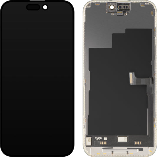 MP-kosketusnäyttö, yhteensopiva Apple iPhone 15 Pron kanssa, kehyksellä, Premium Soft OLED FHD 120Hz -versio, musta
