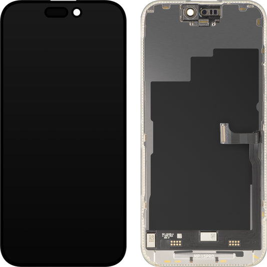 MP-kosketusnäyttö Apple iPhone 15 Pro -yhteensopiva, kehyksellä, Premium Soft OLED FHD 120Hz Diagnostiikkaversio, musta
