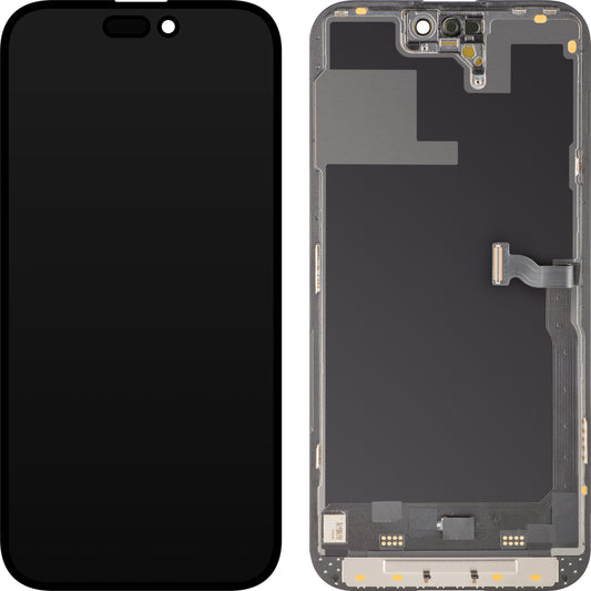 Näyttö MP-kosketusnäytöllä yhteensopiva Apple iPhone 14 Pro:n kanssa, kehyksellä, Soft OLED 120Hz FHD Diagnostic -versio, Musta, Swap