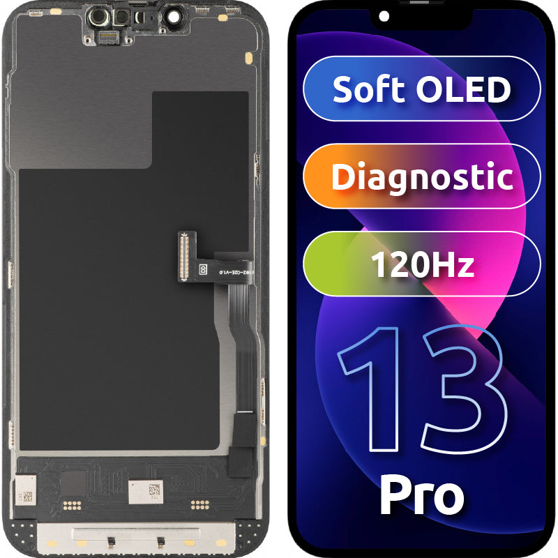 Näyttö MP-kosketusnäytöllä yhteensopiva Apple iPhone 13 Pro:n kanssa, kehyksellä, Soft OLED 120Hz FHD Diagnostic -versio, Musta