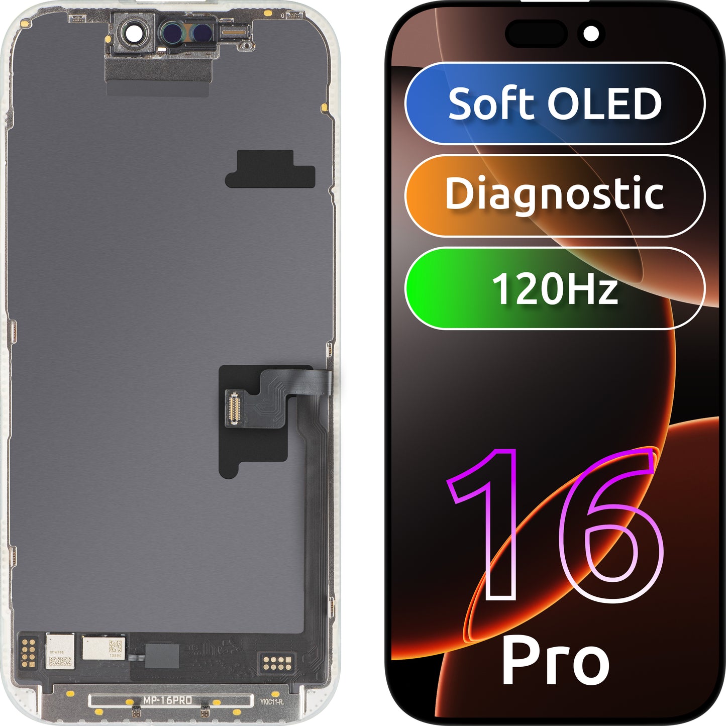 MP-kosketusnäyttö Apple iPhone 16 Pro -yhteensopiva, kehyksellä, OLED FHD 120Hz Diagnostiikkaohjelmistoversio, musta