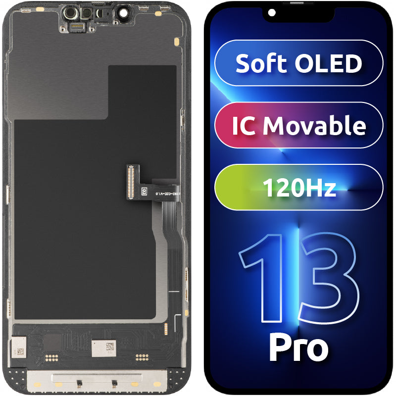 Näyttö MP-kosketusnäytöllä yhteensopiva Apple iPhone 13 Pro:n kanssa, kehyksellä, Soft OLED FHD 120Hz IC Movable, Musta