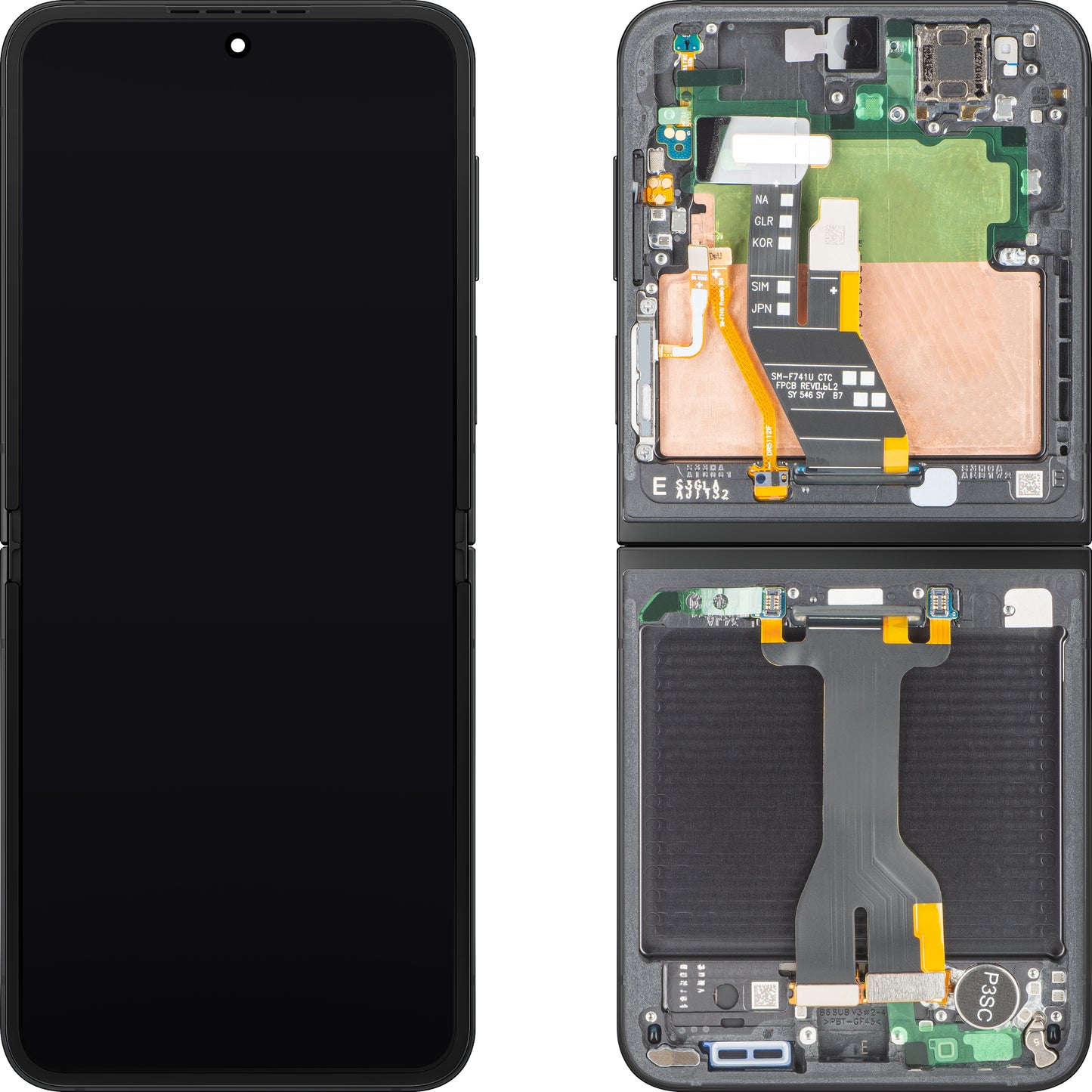 Samsung Galaxy Z Flip7 FE F761 -näyttö kosketusnäytöllä, kehyksellä, sisäosalla, musta, huoltopaketti GH82-37734A