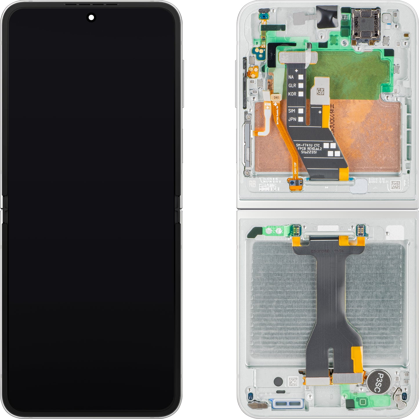 Näyttö kosketusnäytöllä Samsung Galaxy Z Flip7 FE F761, kehyksellä, sisäpuolella, valkoinen, huoltopaketti GH82-37734B