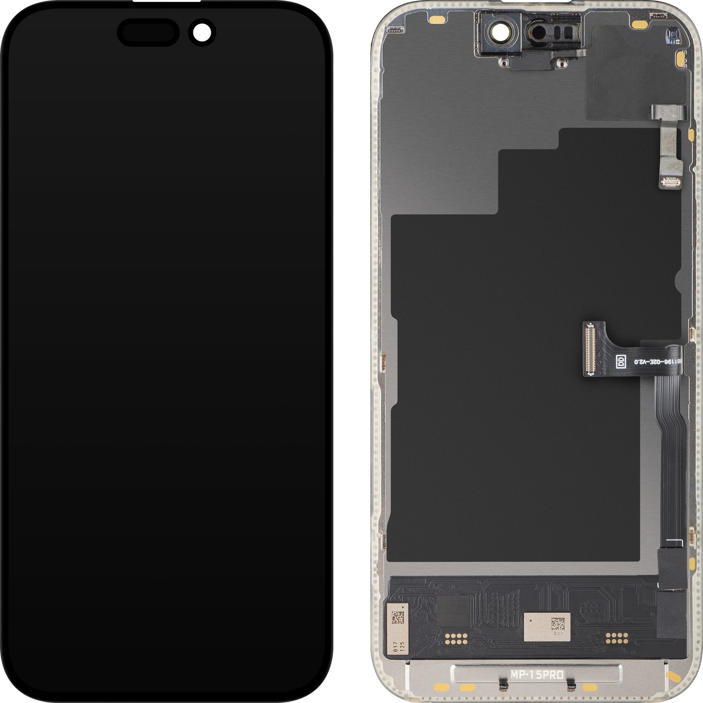 Kosketusnäytöllä ja lähestymisanturilla varustettu MP-näyttö, yhteensopiva Apple iPhone 15 Pron kanssa, kehyksellä, OLED FHD 120Hz Diagnostiikkaversio, musta