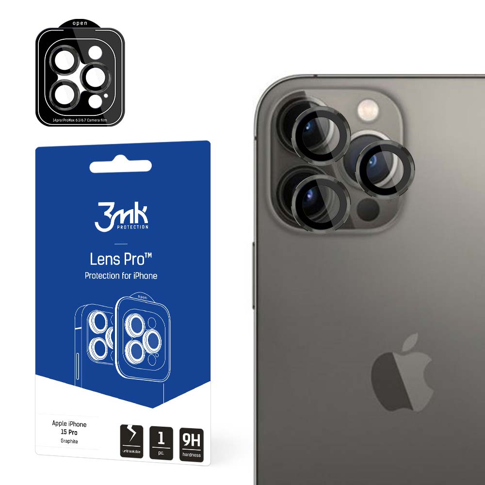 3MK Takakameran suojakalvo Apple iPhone 15 Prolle, Panssarilasi, Musta