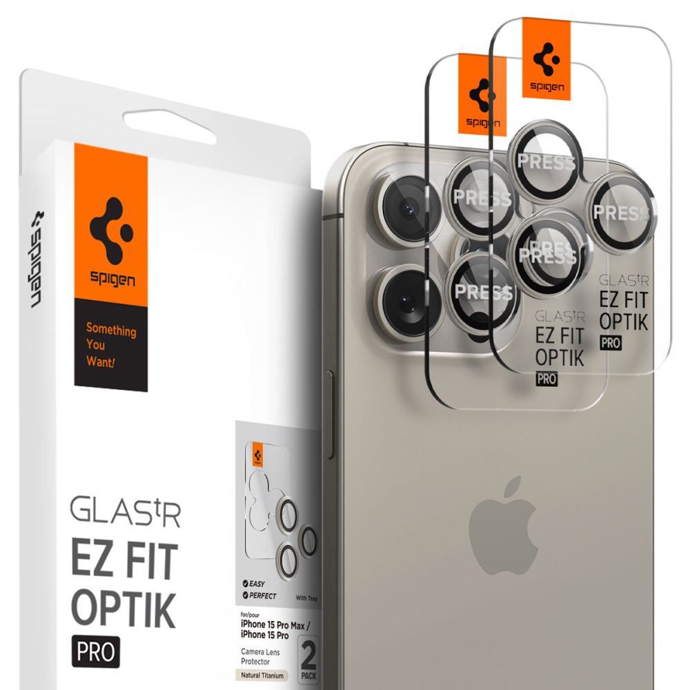 Takakameran suojakalvo Spigen EZ FIT Apple iPhone 15 Pro Max / 15 Pro, lasisuojattu, 2 kpl, harmaa AGL07163