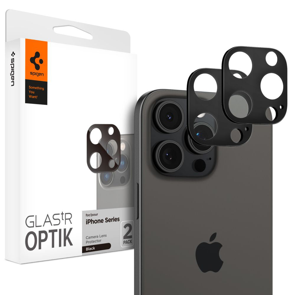 Spigen GlastR Optik -takakameran suojakalvo Apple iPhone 16 Pro Maxille, Panssarilasi, 2 kappaleen setti, Musta AGL05273