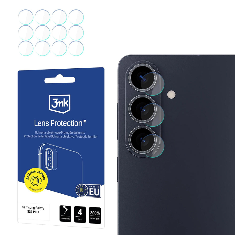 Takakameran suojakalvo 3MK Protection Samsung Galaxy S26 Plus S947:lle, Panssarilasi, 4 kappaleen setti, Läpinäkyvä