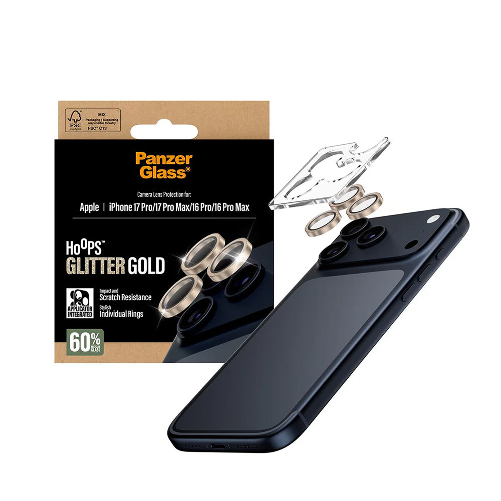 Suojakalvo PanzerGlass Hoops Glitter Apple iPhone 17 Pro Max / 17 Pro / 16 Pro Max / 16 Pro, Karkaistu lasi, Kultainen