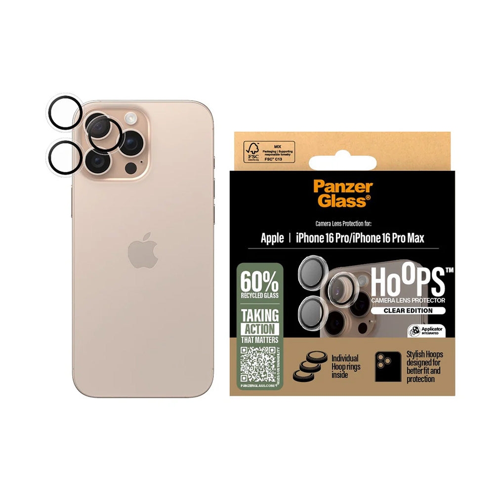 PanzerGlass Hoops -takakameran suojakalvo Apple iPhone 16 Pro Max / 16 Pro, karkaistu lasi, läpinäkyvä
