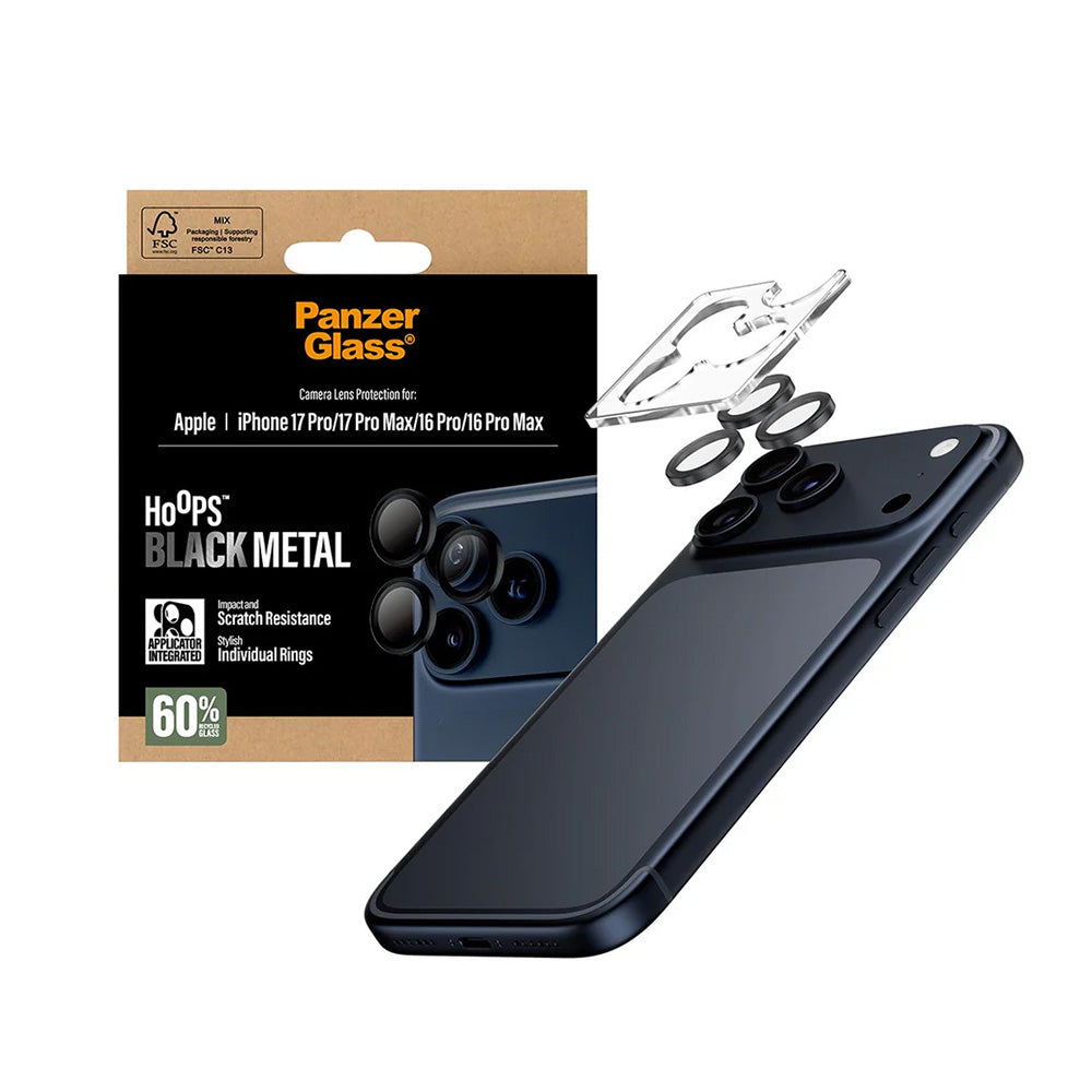 Takakameran suojakalvo PanzerGlass Hoops Apple iPhone 17 Pro Max / 17 Pro / 16 Pro Max / 16 Pro, Karkaistu lasi, Musta