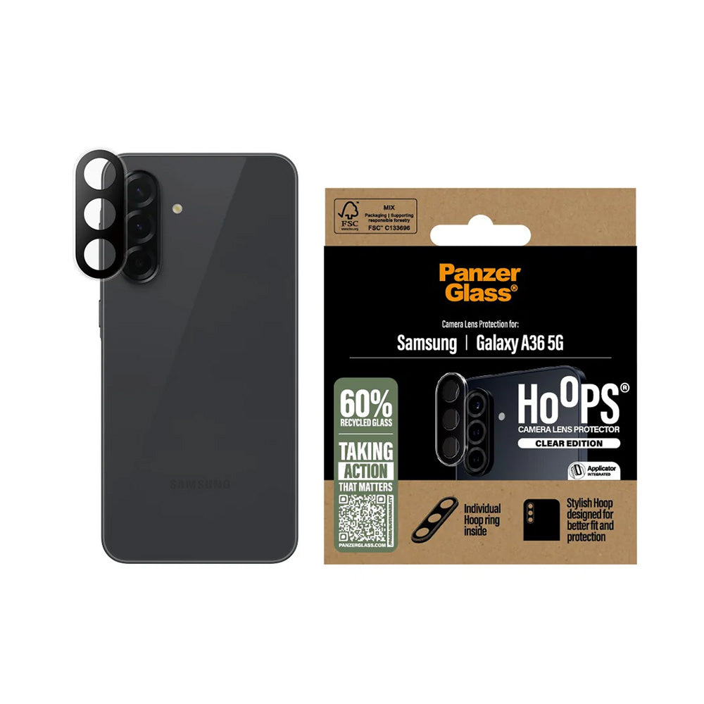 PanzerGlass Hoops -takakameran suojakalvo Samsung Galaxy A36 A366 -puhelimille, Karkaistu lasi, Läpinäkyvä