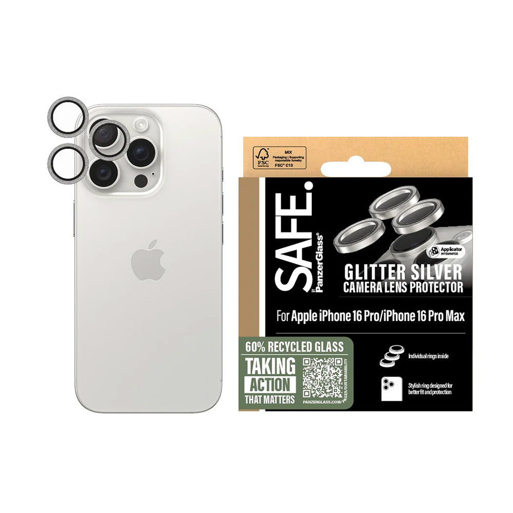 PanzerGlass Safe -takakameran suojakalvo. Glitter Apple iPhone 16 Pro Max / 16 Pro, Karkaistu lasi, Hopeanvärinen.