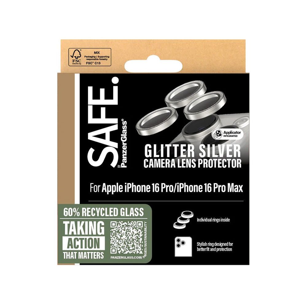 PanzerGlass Safe -takakameran suojakalvo. Glitter Apple iPhone 16 Pro Max / 16 Pro, Karkaistu lasi, Hopeanvärinen.