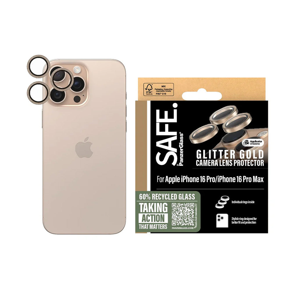PanzerGlass Safe -takakameran suojakalvo. Glitter Apple iPhone 16 Pro Max / 16 Pro -puhelimille, Karkaistu lasi, Kultainen